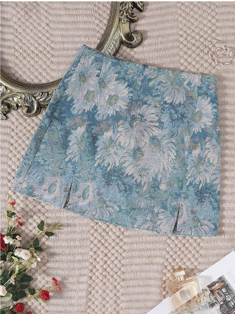 Blue Floral Jacquard Mini Skirt with Front Slits